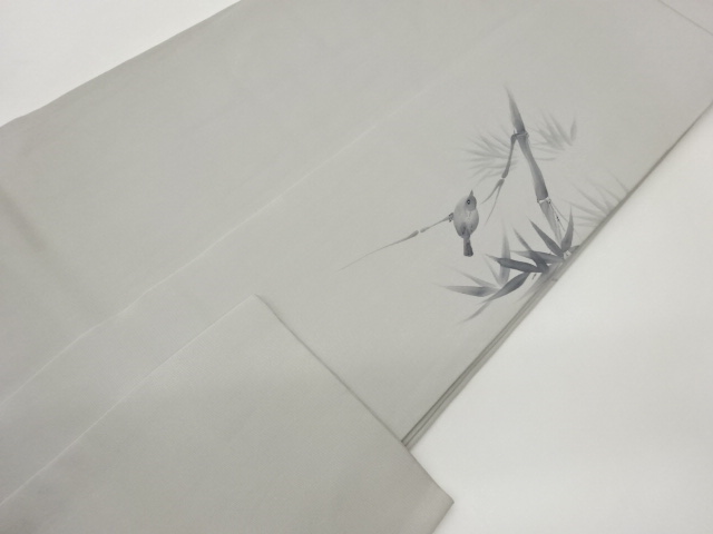  作家物　塩瀬手描き竹に鳥模様名古屋帯